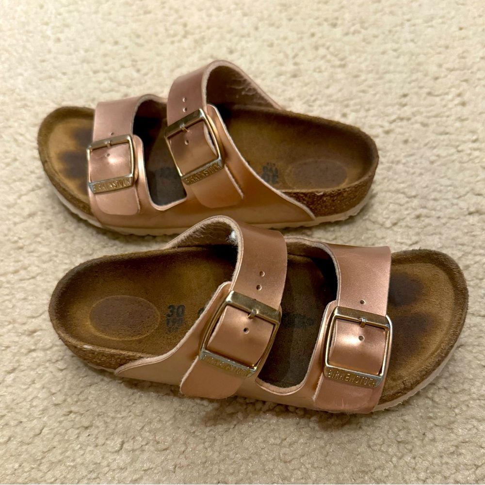 Birkenstock leather girls sandal, rose gold, size 12-12.5